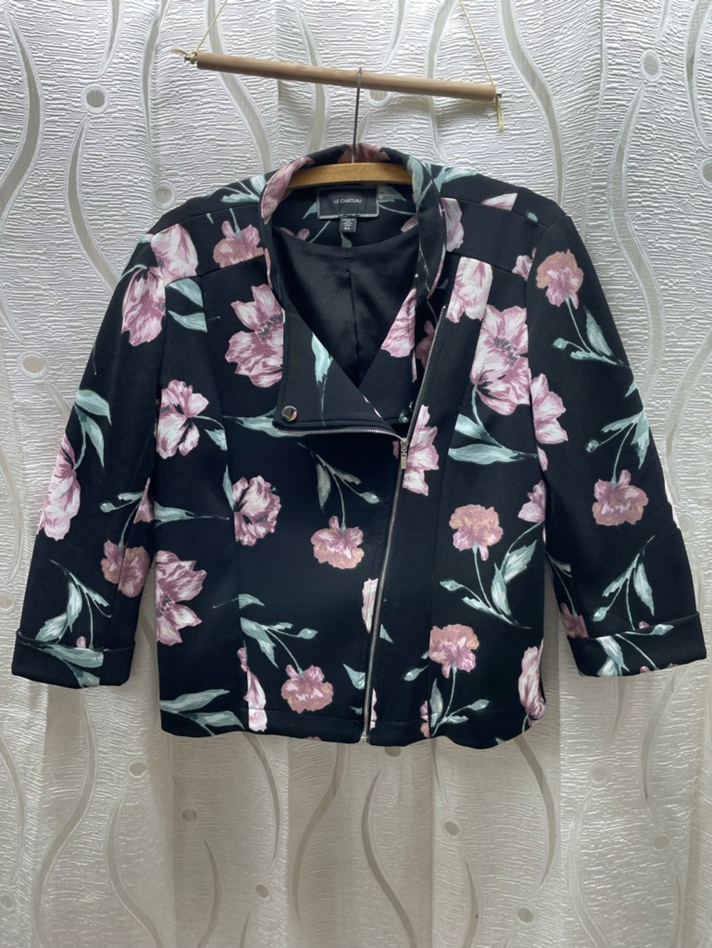 Le Chateau‎ Floral Moto Jacket Womens Large Black Pink Excellent Zip 3/4 Sleeve